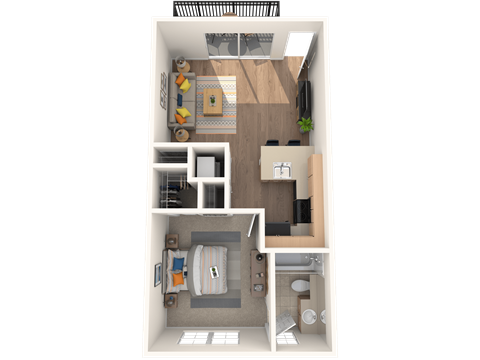 a 3d floor plan of a bedroom with a bathroom